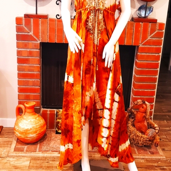 **LAST ONE**MANISH VAID Brn /Vanilla Tie Dye HI Lo Emb. Dress OS NWT - Picture 8 of 8
